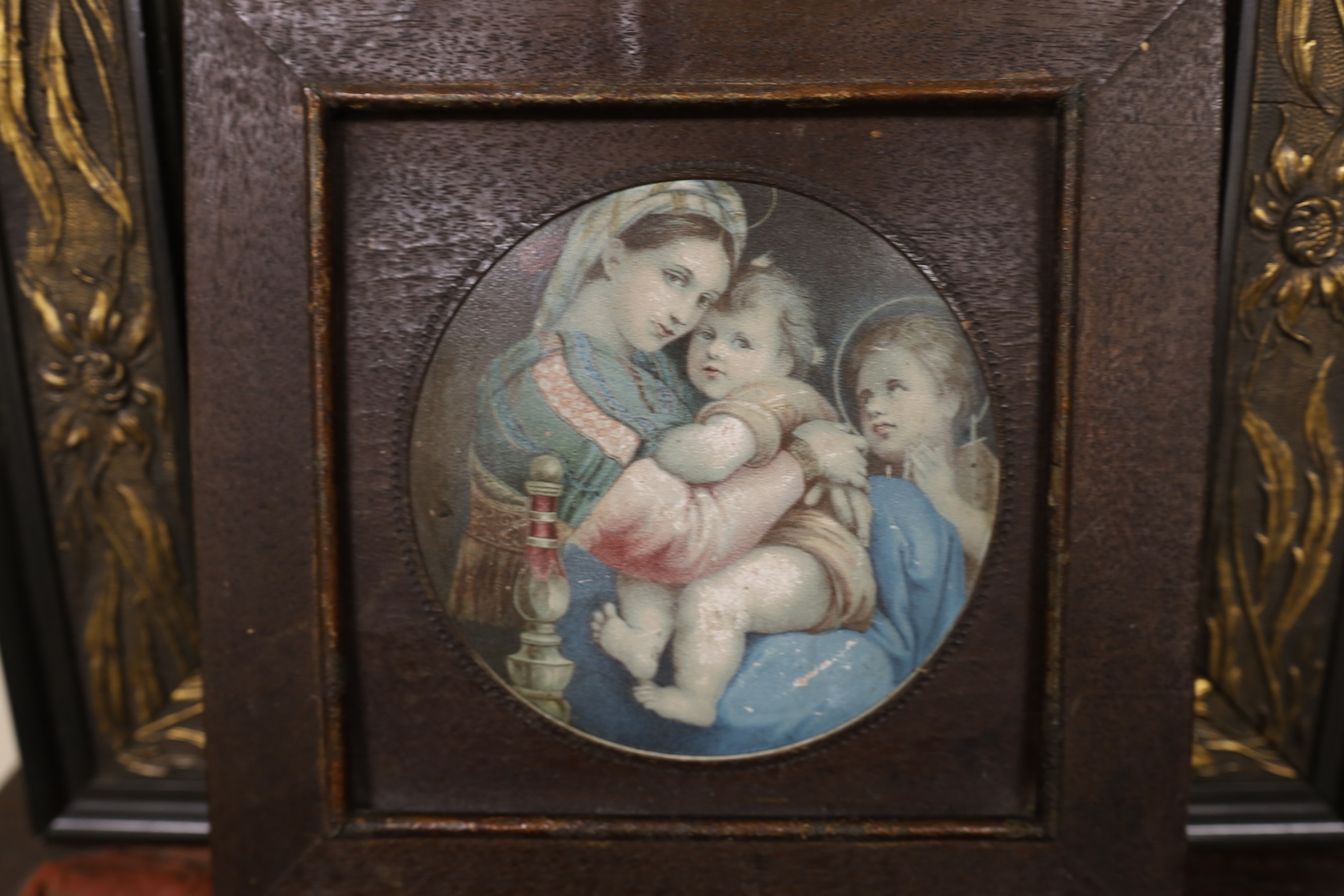 A Chinese stand, a Tunbridge ware box, a quill box, photo frame icon two prints and a box, Chinese stand 21cm. Condition - poor to fair to good